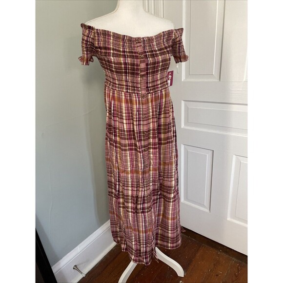 KHC NWT Juniors' SO  Plaid Prairie Off The Shoulder Smock Dress Size XL Flannel - Picture 1 of 6